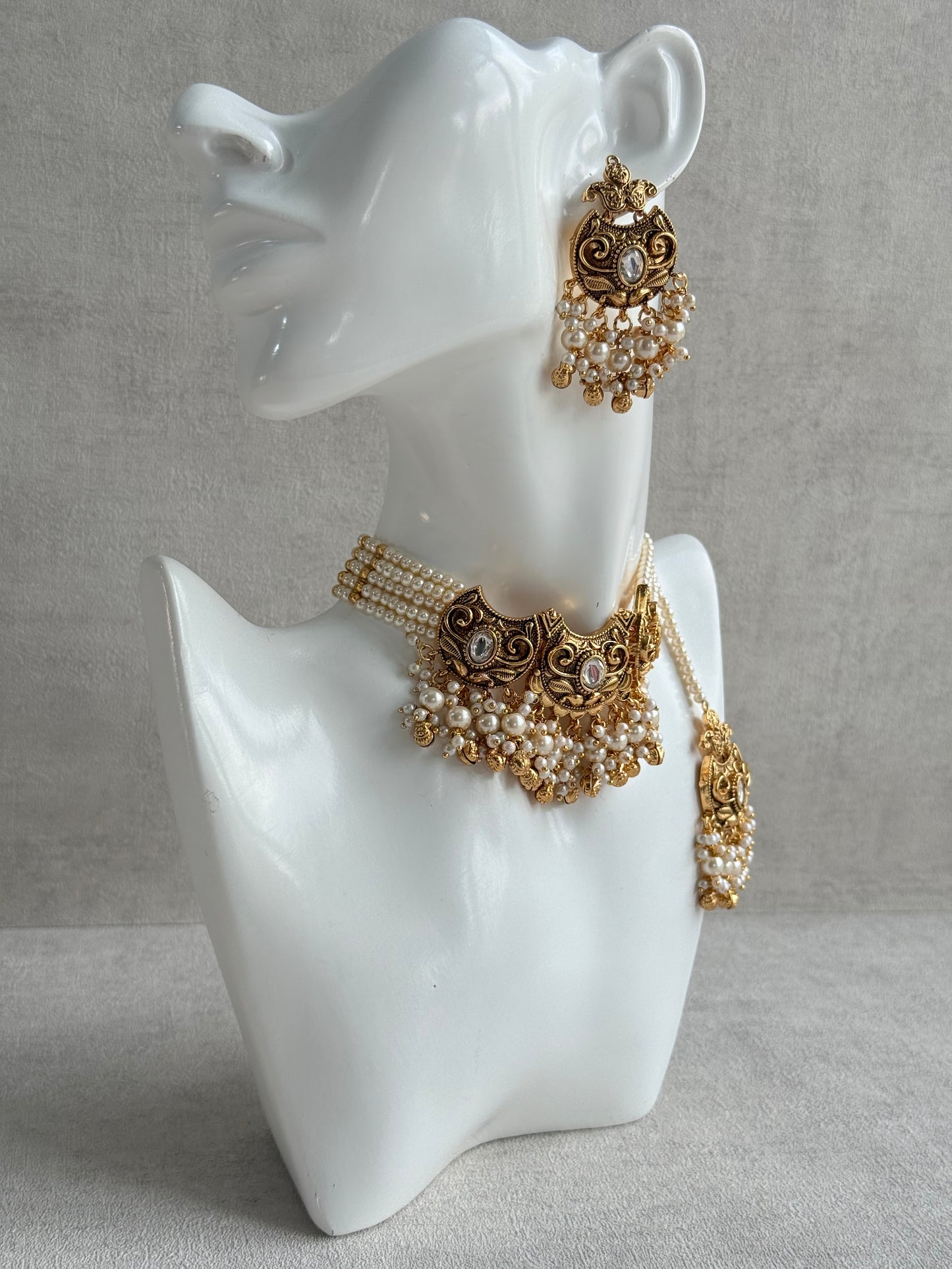 Ayura Designs Sneha Choker Set with Earrings & Tikka – Ivory Beads, Layered Pearl Detailing, Ghungroos & Antique Gold Finish