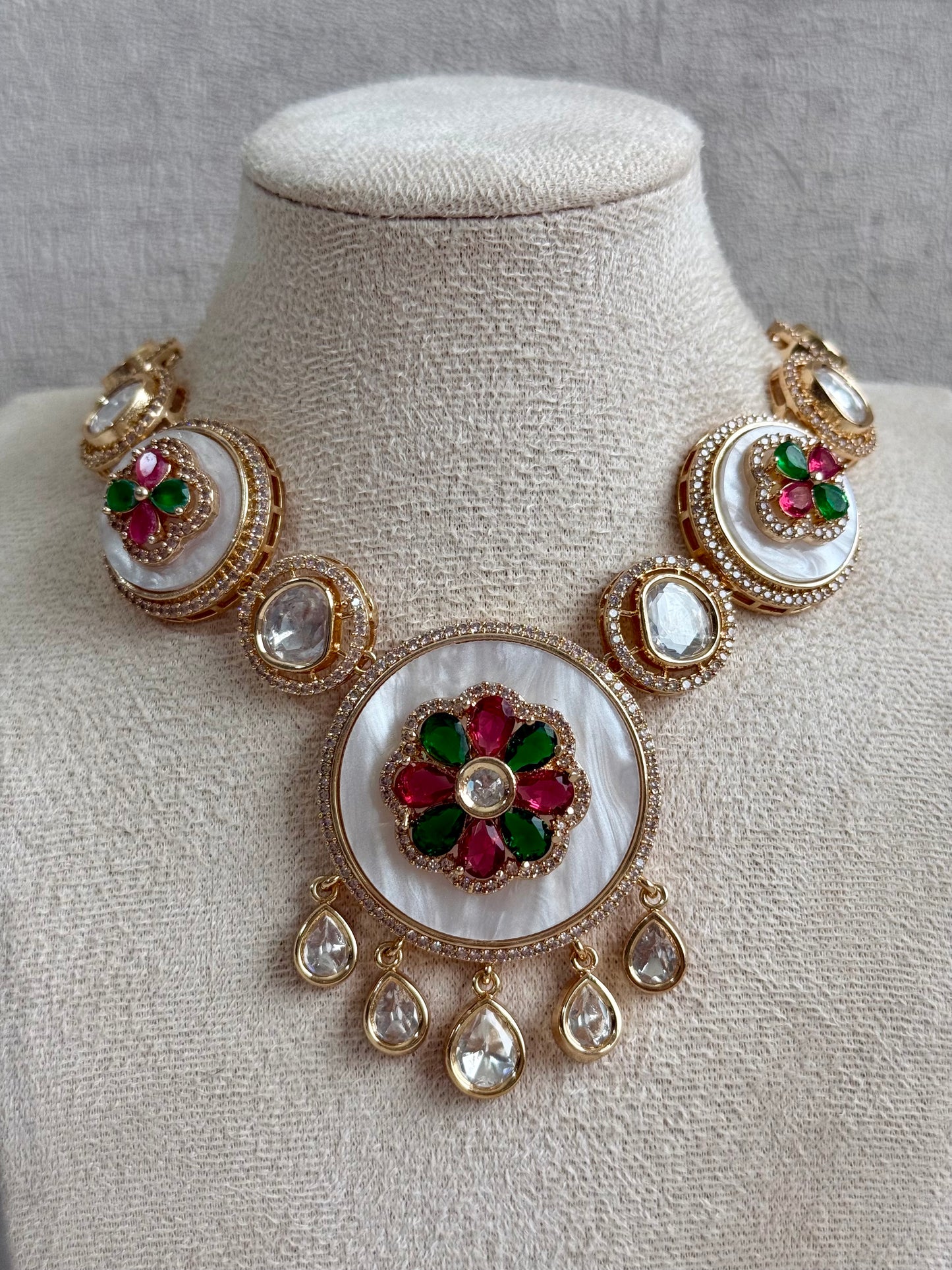 Ayura Designs Wisah Set – Necklace & Earrings with Mirror-Cut Stones, Fuchsia, Emerald & Mother-of-Pearl Detailing