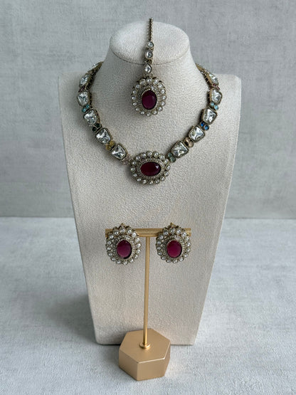 Ayura Designs Inza Necklace Set – Rani Pink, Multicolour Stones, Kundan & Crystals with Antique Gold Finish