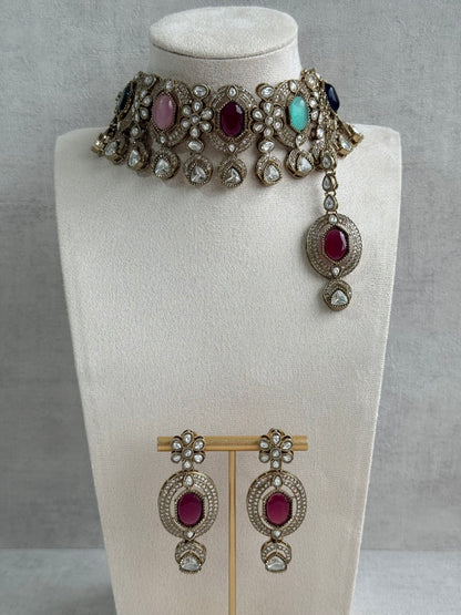 Ayura Designs Emanya Choker Set – Choker, Earrings & Tikka with Mirror-Cut Stones, Multicolour & Antique Gold Detailing