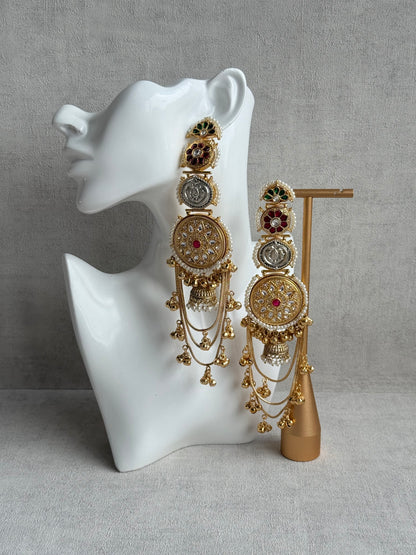 Ayura Designs Zeenia – Statement Kashmiri Earrings with Pearl Borders, Jhumki Drops, Multicolour Meenakari & Ghungroos