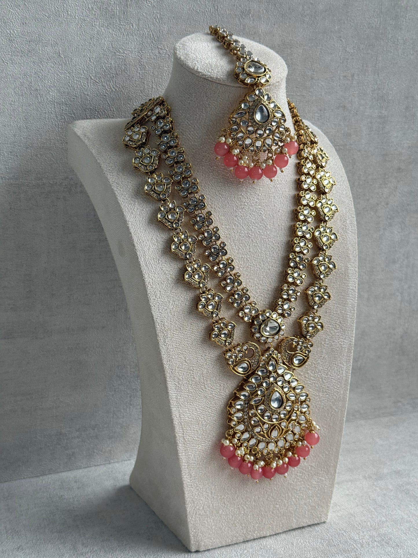 Ayura Designs Javeria Set with Earrings & Tikka – Peach Beads, Mirror Kundan & Gold Finish