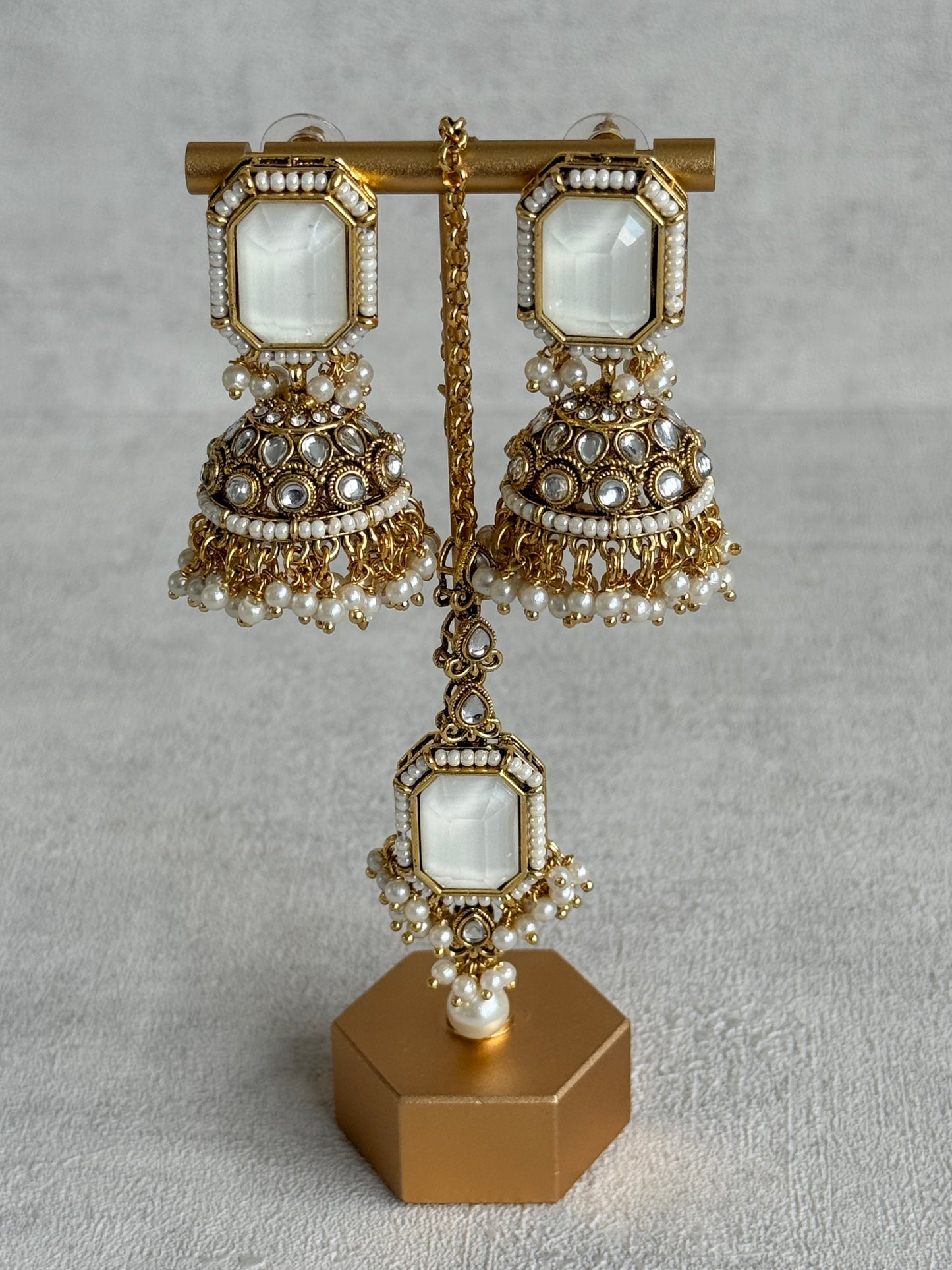 Ayura Designs Heena Tikka Set with Jhumkis – Ivory Stone, Kundan & Pearl Detailing