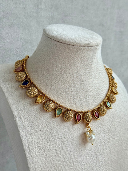 Ayura Designs Mayura Necklace Set with Earrings – Antique Gold Meenakari Motifs with Pearl Drop & Multicolour Stones