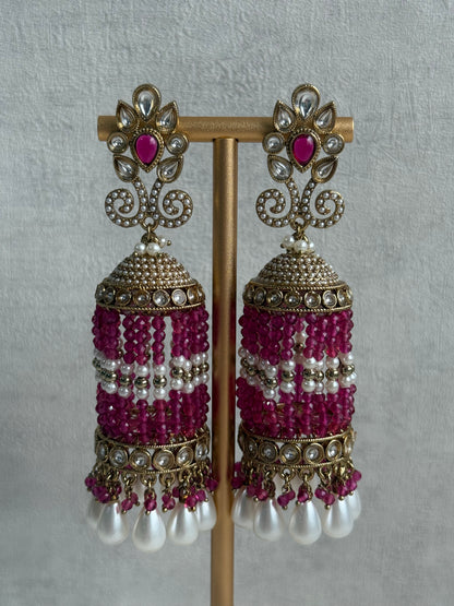 Ayura Designs Sage Earrings – Statement Jhumkis with Mirror-Cut Stones, Pearl Drops & Fuchsia Beads