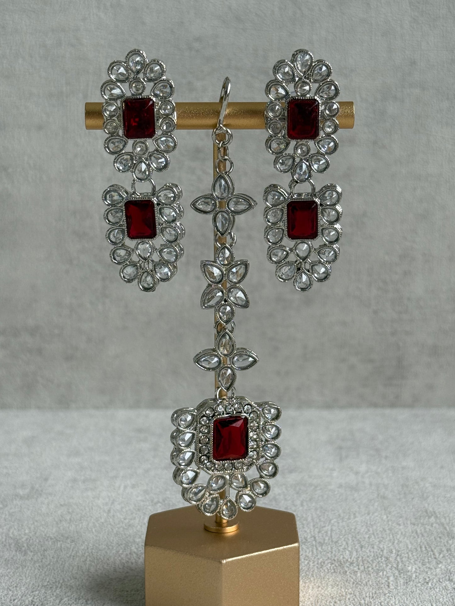 Ayura Designs Zinnia Set – Necklace, Earrings & Tikka with Ruby Red Stones and Mirror-Cut Polki in Silver Finish