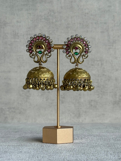 Ayura Designs Moraya Jhumkis – Berry Pink Peacock Motif with Antique Gold Detailing