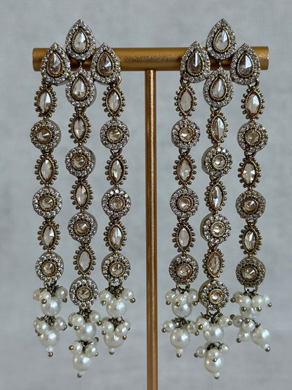 Ayura Designs Emilia Earrings – Gold Triple Strand Statement Earrings with Champagne Stones & Pearl Drops