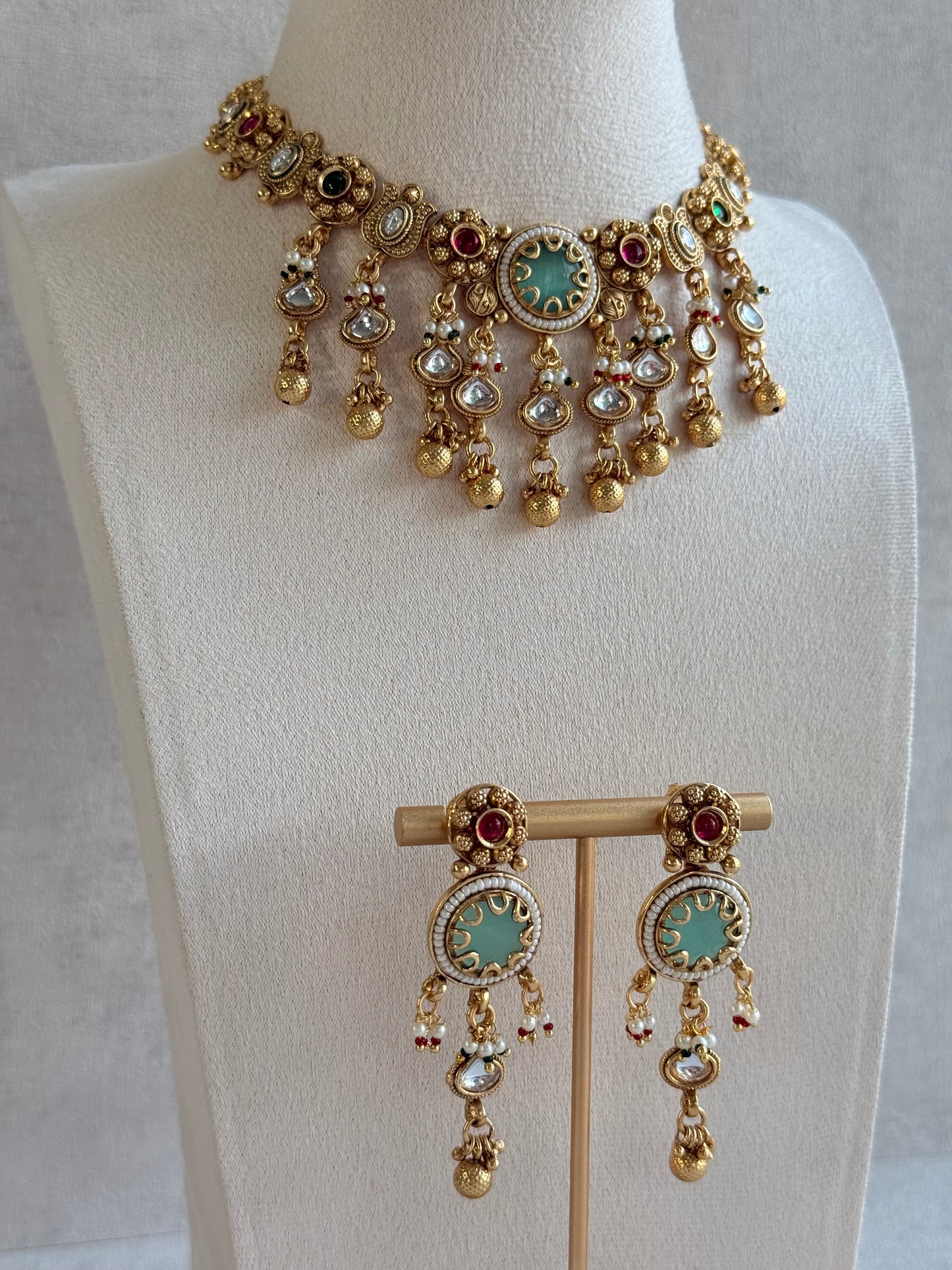 Ayura Designs Abira Necklace Set with Earrings – Kundan, Multicolour Stones, Pearl Detailing & Gold Finish