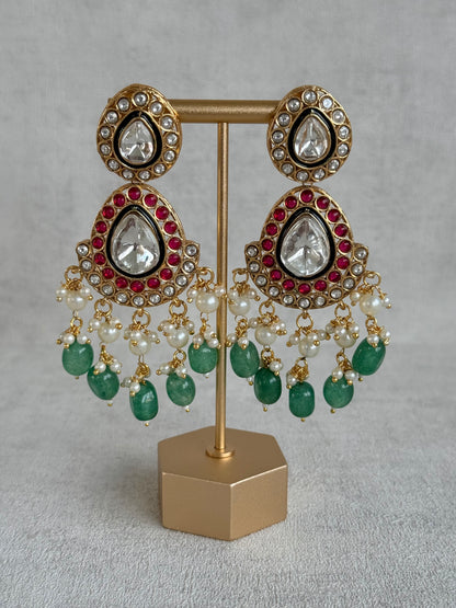 Ayura Designs Eesha Set with Necklace, Earrings & Tikka – Multicolour Stones with Kundan Detailing, Emerald Green Beads & Pearl Drops