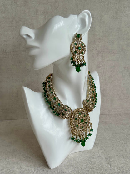 Ayura Designs Aleeza Set with Jhumkis & Tikka – Antique Finish with Champagne Polki Stones, Emerald Detailing & Beaded Drops