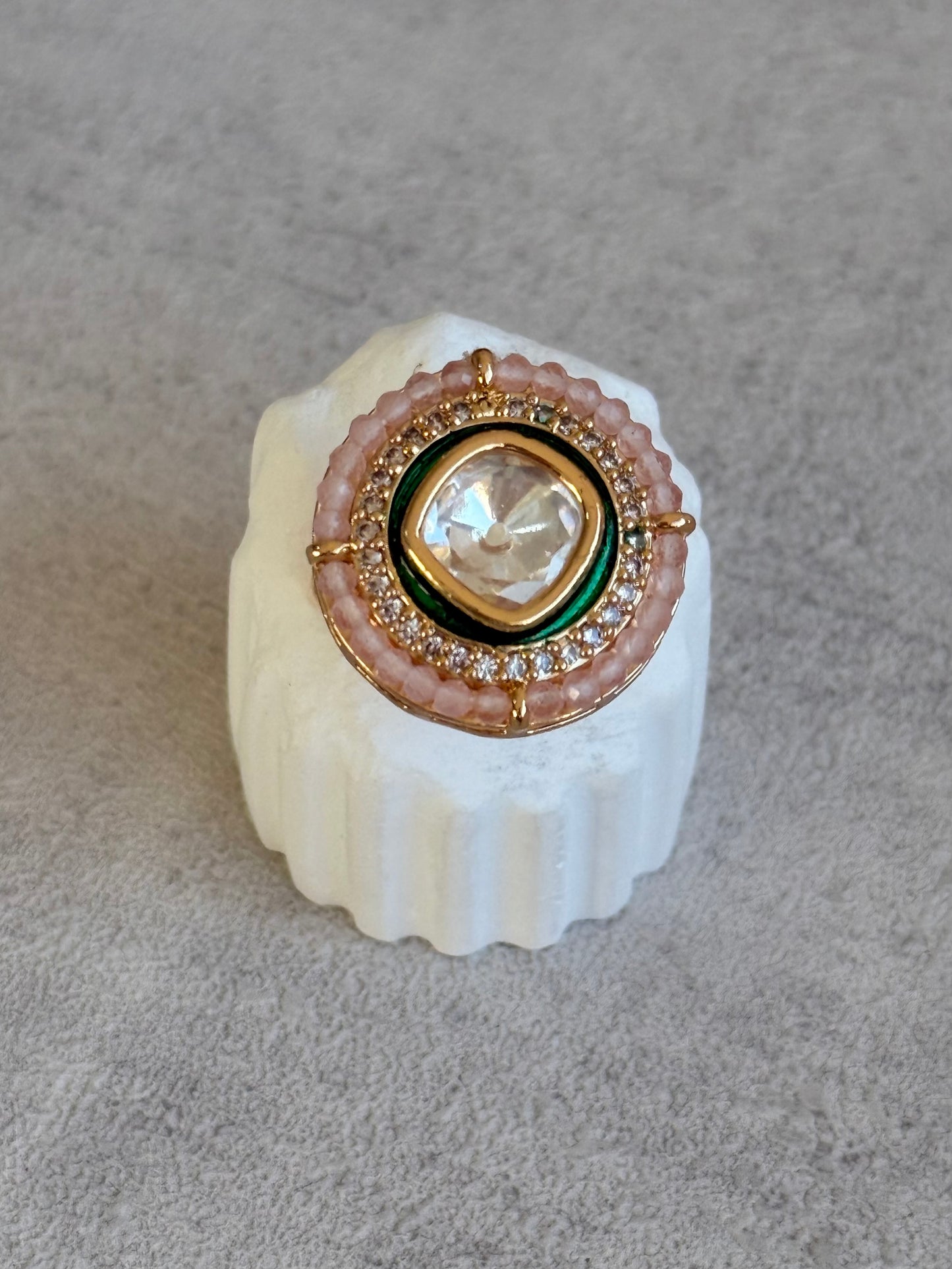 Ayura Designs Roselle Adjustable Ring – Moissanite Centre with Crystal Border & Blush Pink Beads