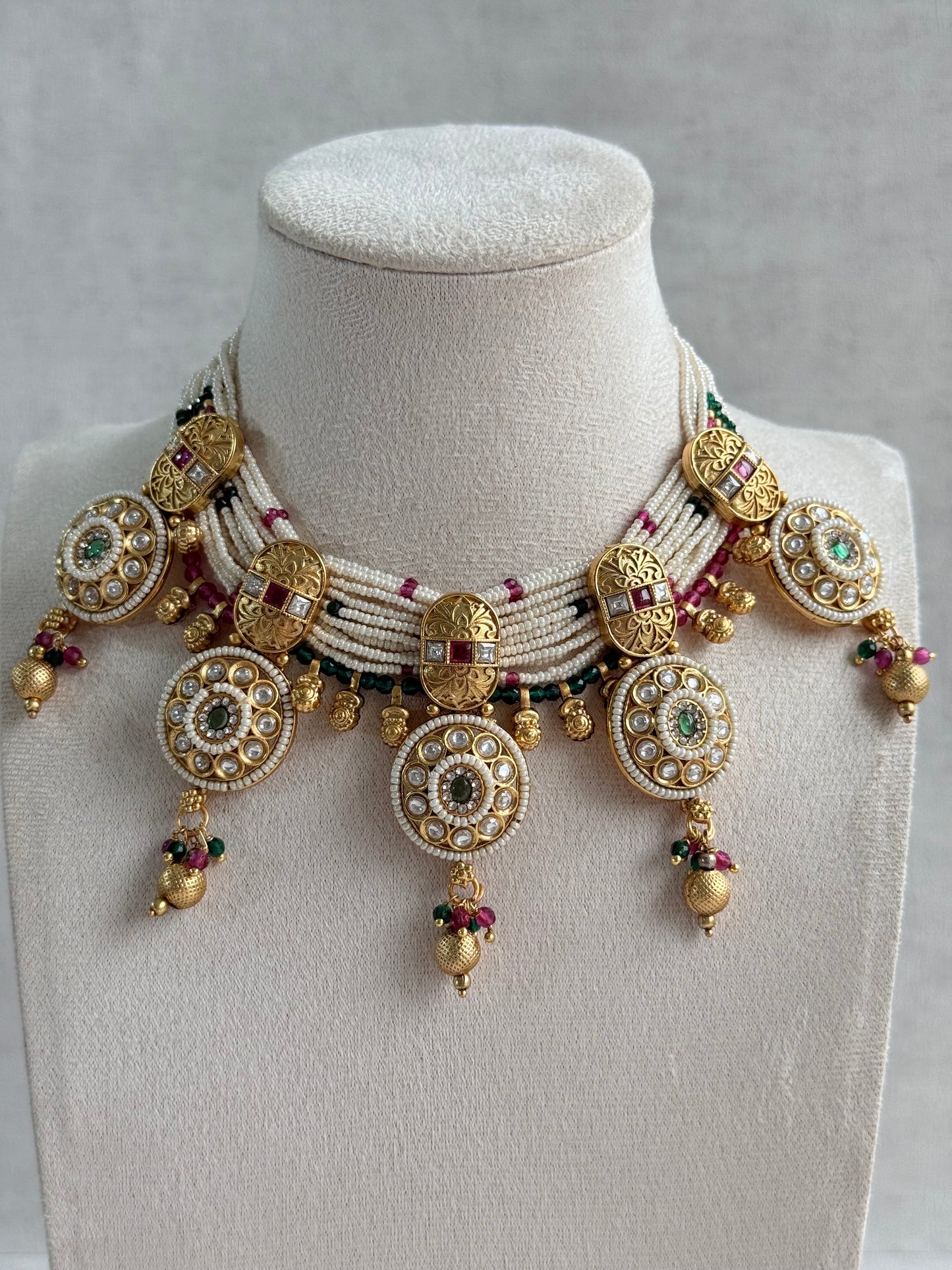 Ayura Designs Kesar Necklace Set with Jhumkis – Multi-Strand Pearl Design, Kundan, Rani Pink & Green Stones & Gold Finish