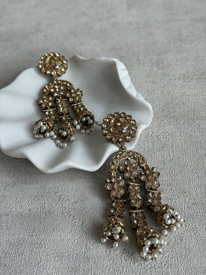 Ayura Designs Soraya Earrings – Champagne Stones, Mirror-Cut Crystals, Pearl Detailing & Gold Finish