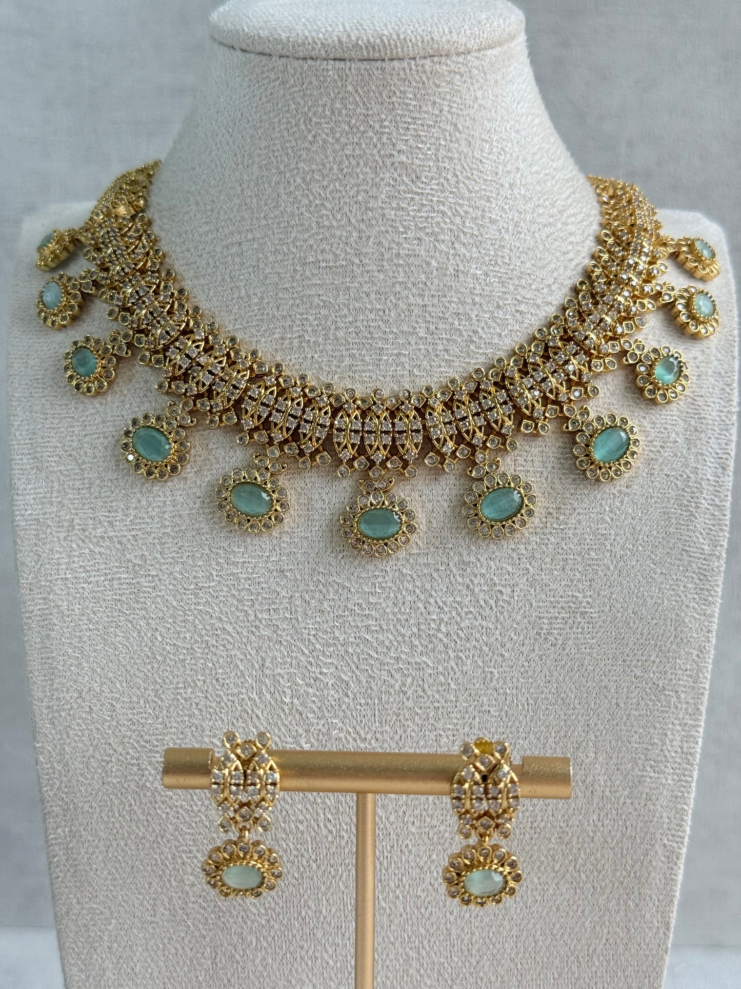 Ayura Designs Elisha Necklace Set with Earrings – Mint Green & Crystal Stone Detailing