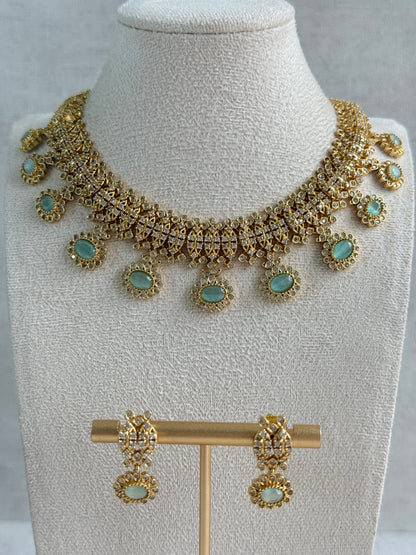 Ayura Designs Elisha Necklace Set with Earrings – Mint Green & Crystal Stone Detailing