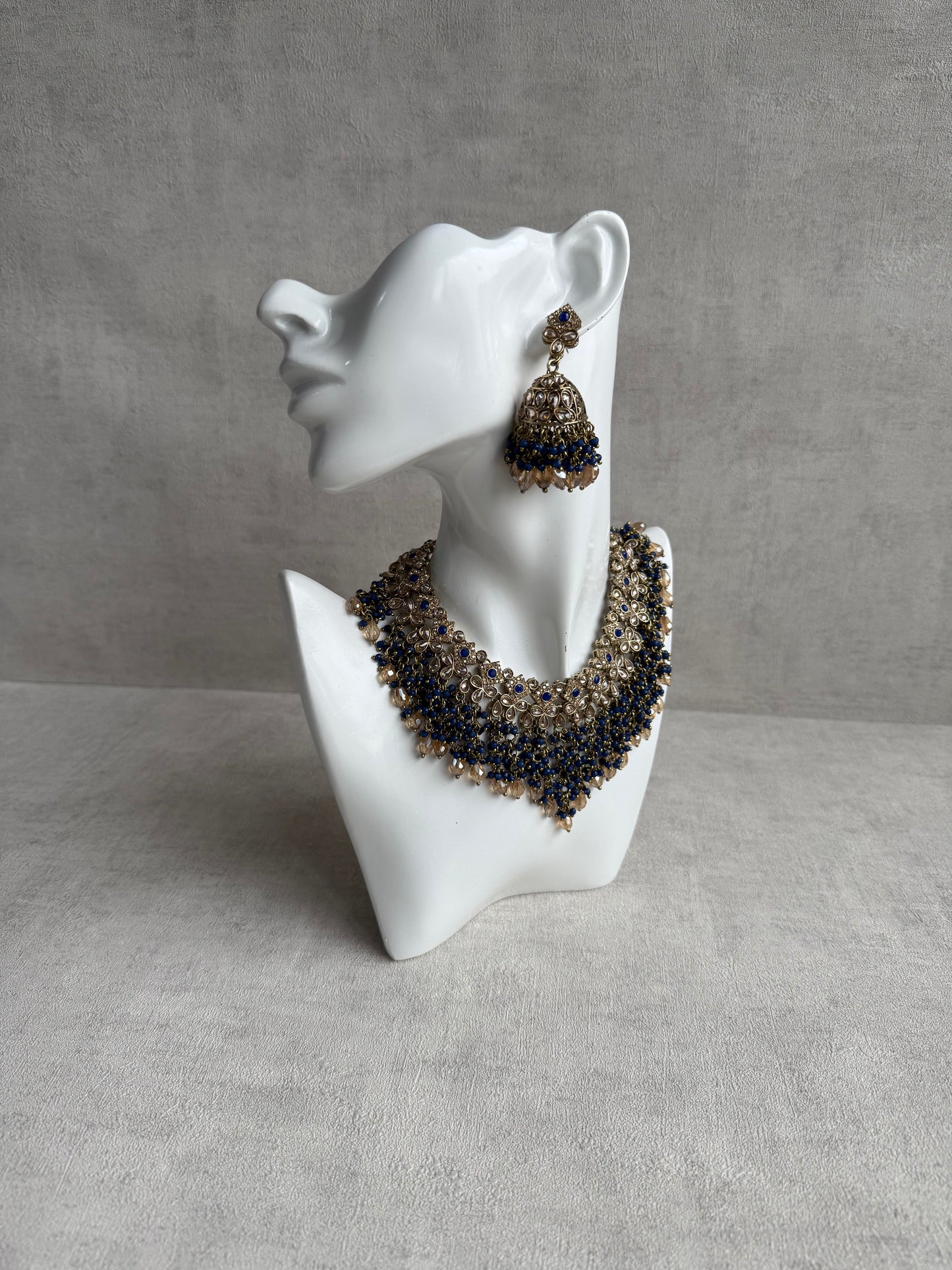 Ayura Designs Rayna Set with Necklace & Tikka – Champagne Crystals, Ink Blue Beads & Antique Gold Finish