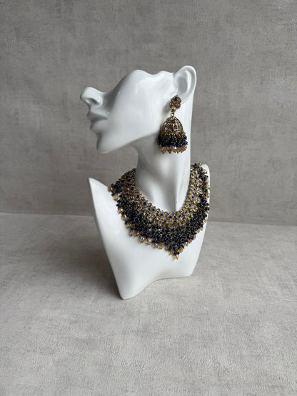 Ayura Designs Rayna Set with Necklace & Tikka – Champagne Crystals, Ink Blue Beads & Antique Gold Finish