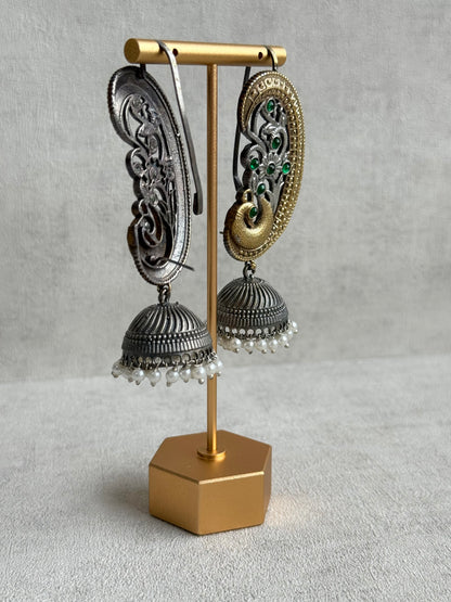 Ayura Designs Fasana Earrings – Dual Tone Oxidised Peacock Ear Climbers with Emerald Green Stones & Pearl Drops