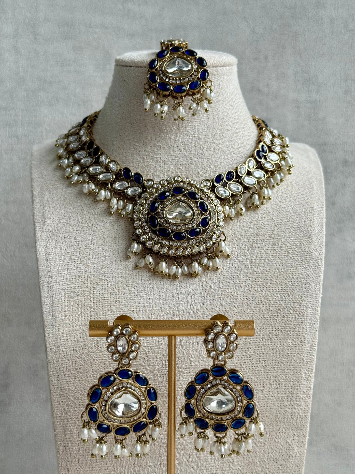 Ayura Designs Warda Set with Earrings & Tikka – Ink Blue Ovals, Mirror-Cut Stones & Ivory Pearls