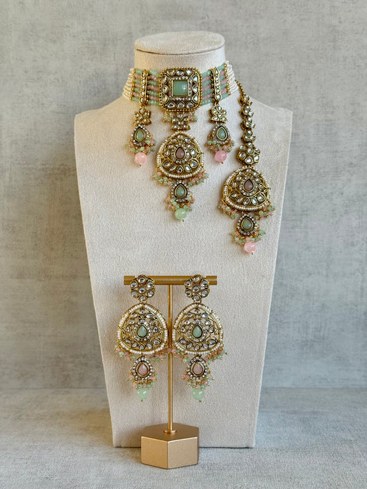 Ayura Designs Zarmeen Choker Set with Earrings & Tikka – Mirror-Cut Stones, Antique Gold Finish and Blush-Mint Beads
