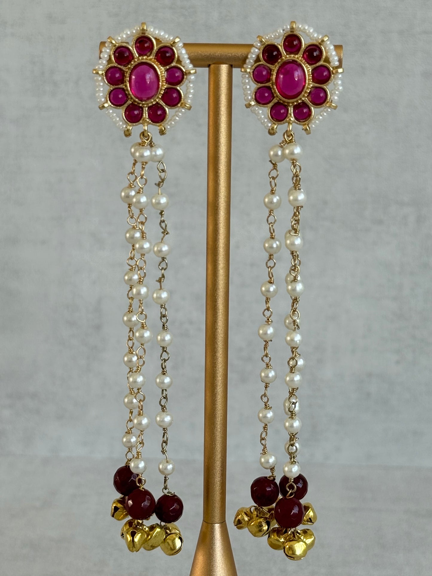 Ayura Designs Noorzar Earrings – Duster Earrings with Ruby Pink Stones, Maroon Beads, Pearl Chains & Ghungroo Detailing