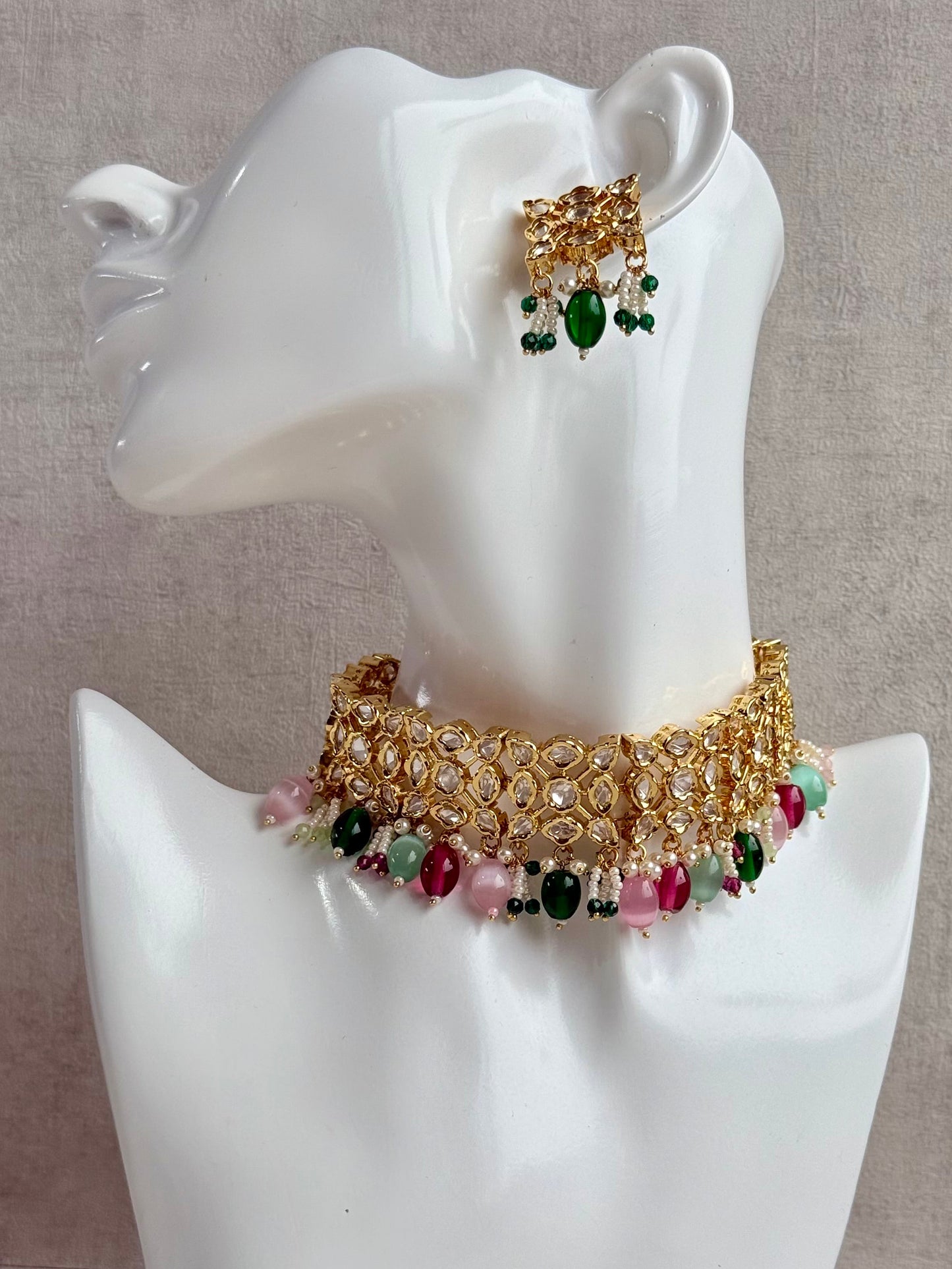 Ayura Designs Navya Choker Set with Earrings – Gold Finish with Moissanite Stones, Lattice Design, Emerald Beads & Pearl Detailing