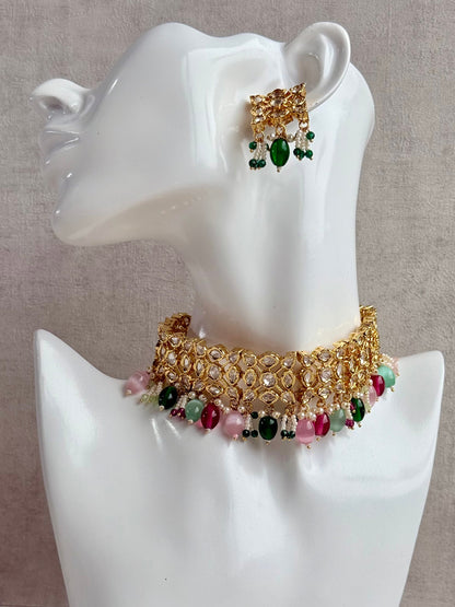 Ayura Designs Navya Choker Set with Earrings – Gold Finish with Moissanite Stones, Lattice Design, Emerald Beads & Pearl Detailing