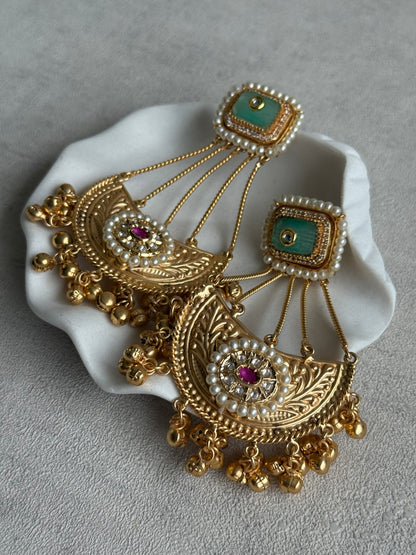 Ayura Designs Jheel Earrings – Pistachio Half-Moon Drops with Pearl Edging & Golden Ghungroos