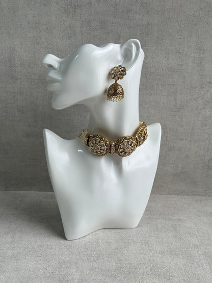Ayura Designs Tanu Choker Set – Antique Gold Choker & Jhumkis with Kundan, Pearl Borders & Filigree Detailing