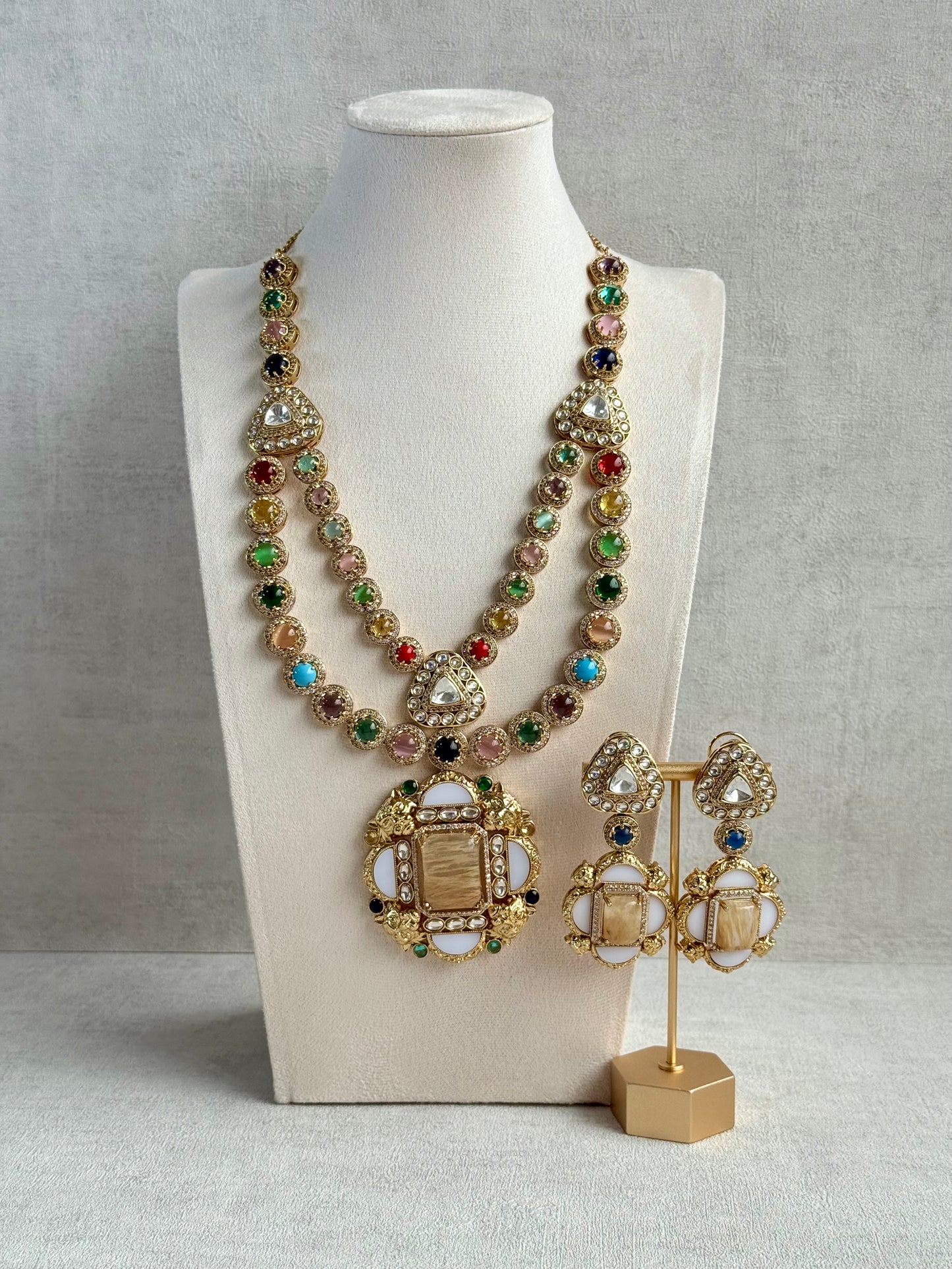 Ayura Designs Daphne Necklace Set with Statement Earrings – Gold Finish with Moissanite-Style Stones & Multicolour Accents