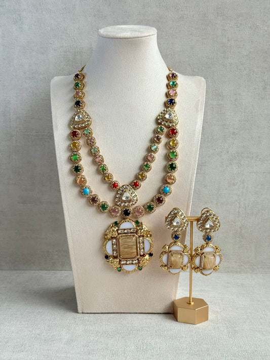 Ayura Designs Daphne Necklace Set with Statement Earrings – Gold Finish with Moissanite-Style Stones & Multicolour Accents