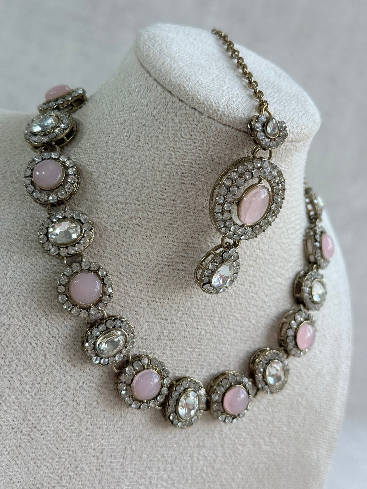 Ayura Designs Eira Necklace Set with Earrings & Tikka – Blush Pink & Crystal Stones with Antique Gold Finish