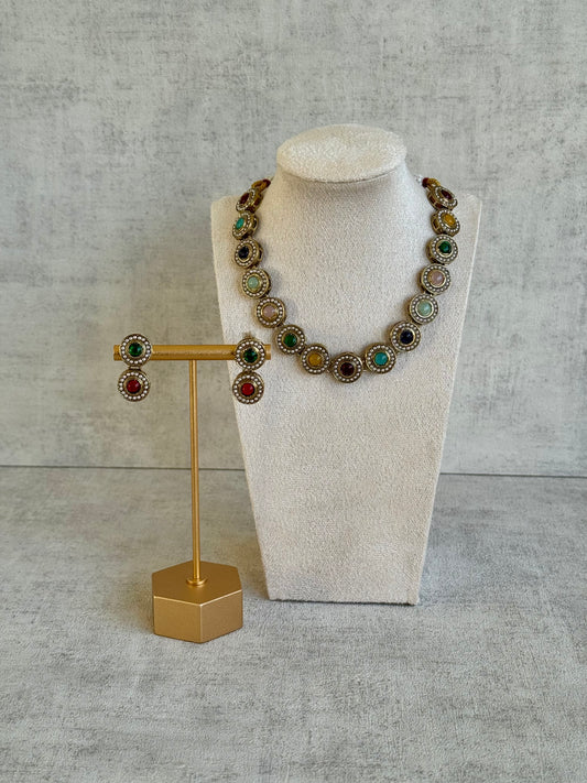 Ayura Designs Jaya Set with Earrings – Multicolour Stones in Antique Gold with Pearl Detailing