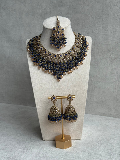 Ayura Designs Rayna Set with Necklace & Tikka – Champagne Crystals, Ink Blue Beads & Antique Gold Finish