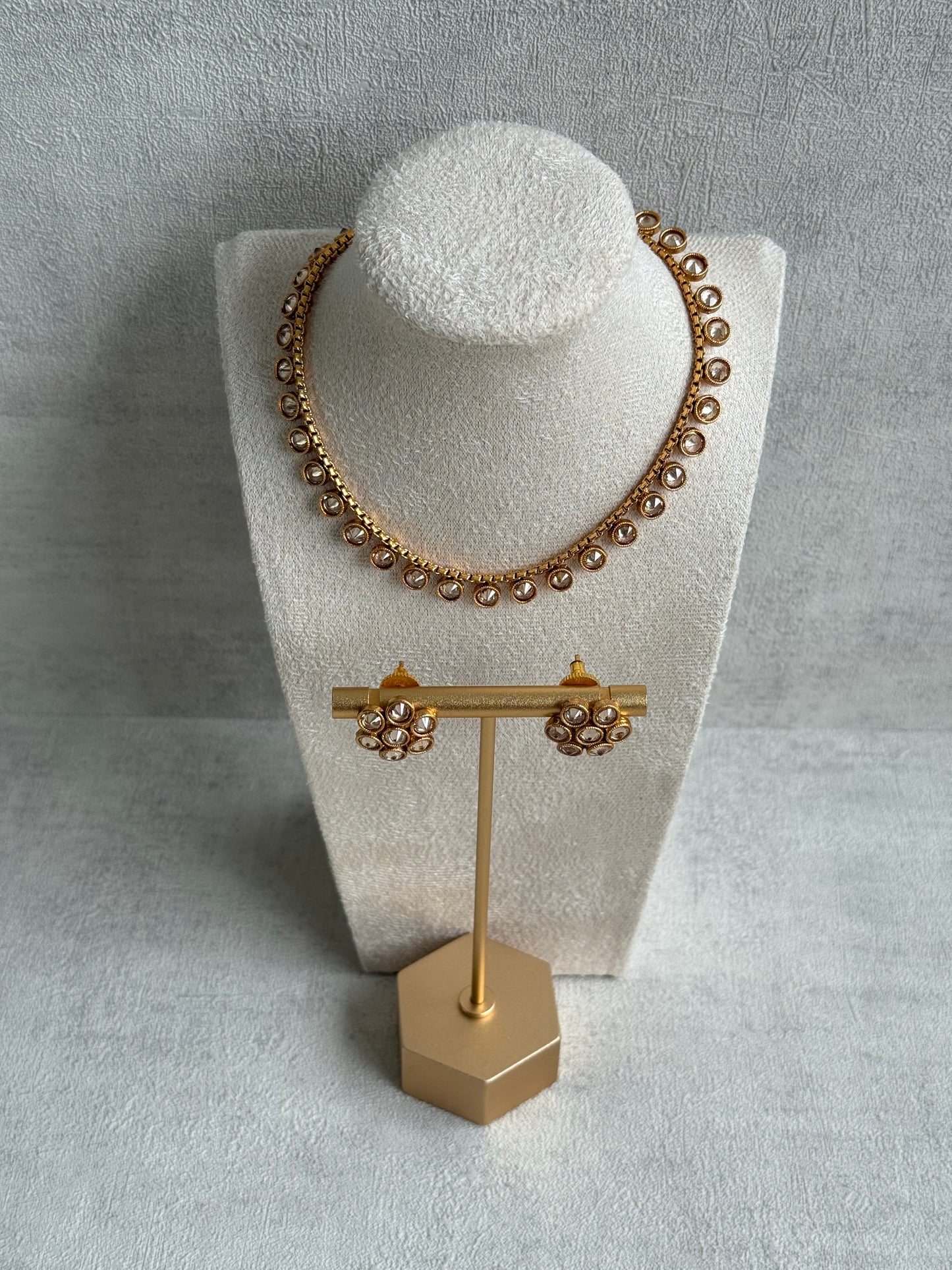 Ayura Designs Veni Set – Gold Necklace & Stud Earrings with Ruby & Champagne Mirror-Cut Polki Stones