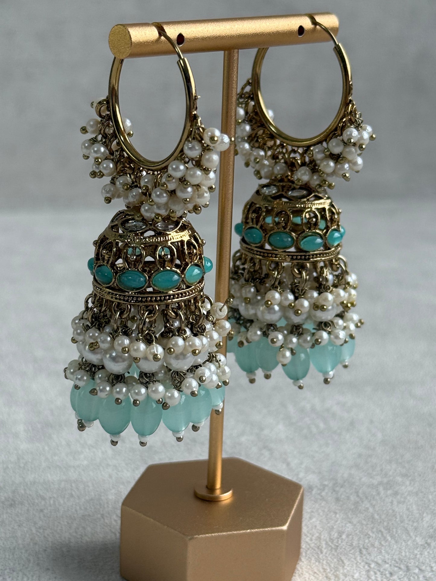 Ayura Designs Jugni Jhumkis – Antique Gold Balis with Aqua Beads & Pearl Clusters