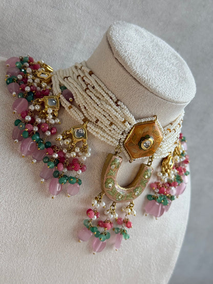 Ayura Designs Elizaar Meenakari Kundan Choker Set with Earrings – Blush Pink & Emerald Green Bead Detailing