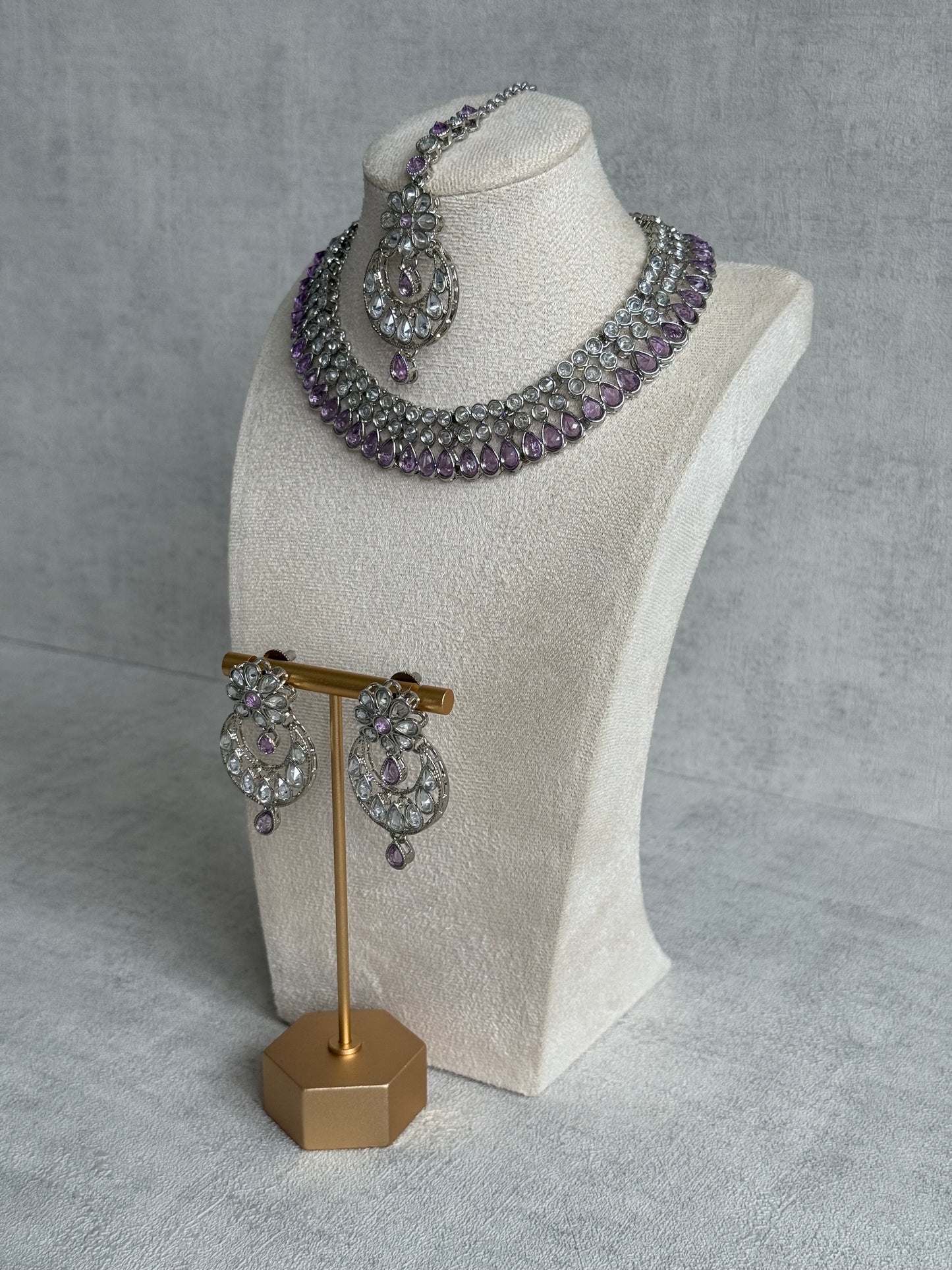 Ayura Designs Qirat Set with Earrings & Tikka – Soft Lilac Stones, Mirror-Cut Detailing & Silver Finish
