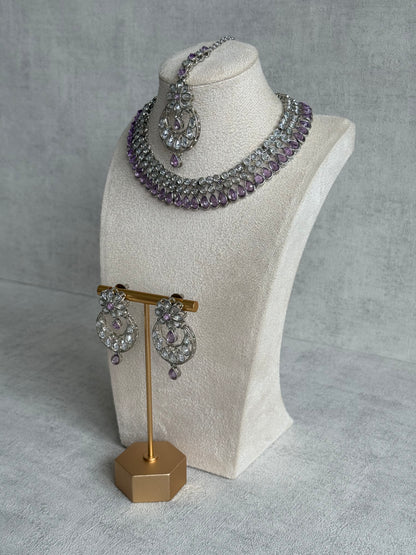 Ayura Designs Qirat Set with Earrings & Tikka – Soft Lilac Stones, Mirror-Cut Detailing & Silver Finish
