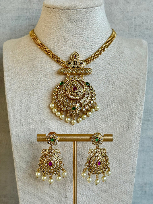 Ayura Designs Qiyara Set – Antique Gold Necklace with Rani Pink, Emerald Green & Pearl Detailing