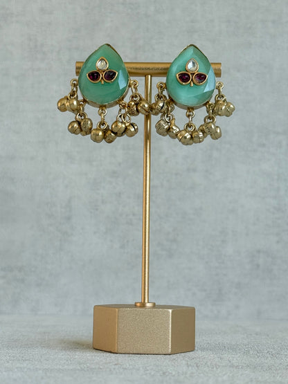 Ayura Designs Aykai Earrings – Mint Green Teardrop Stud Earrings with Clear & Pink Kundan Stones and Gold Ghungroo Drops