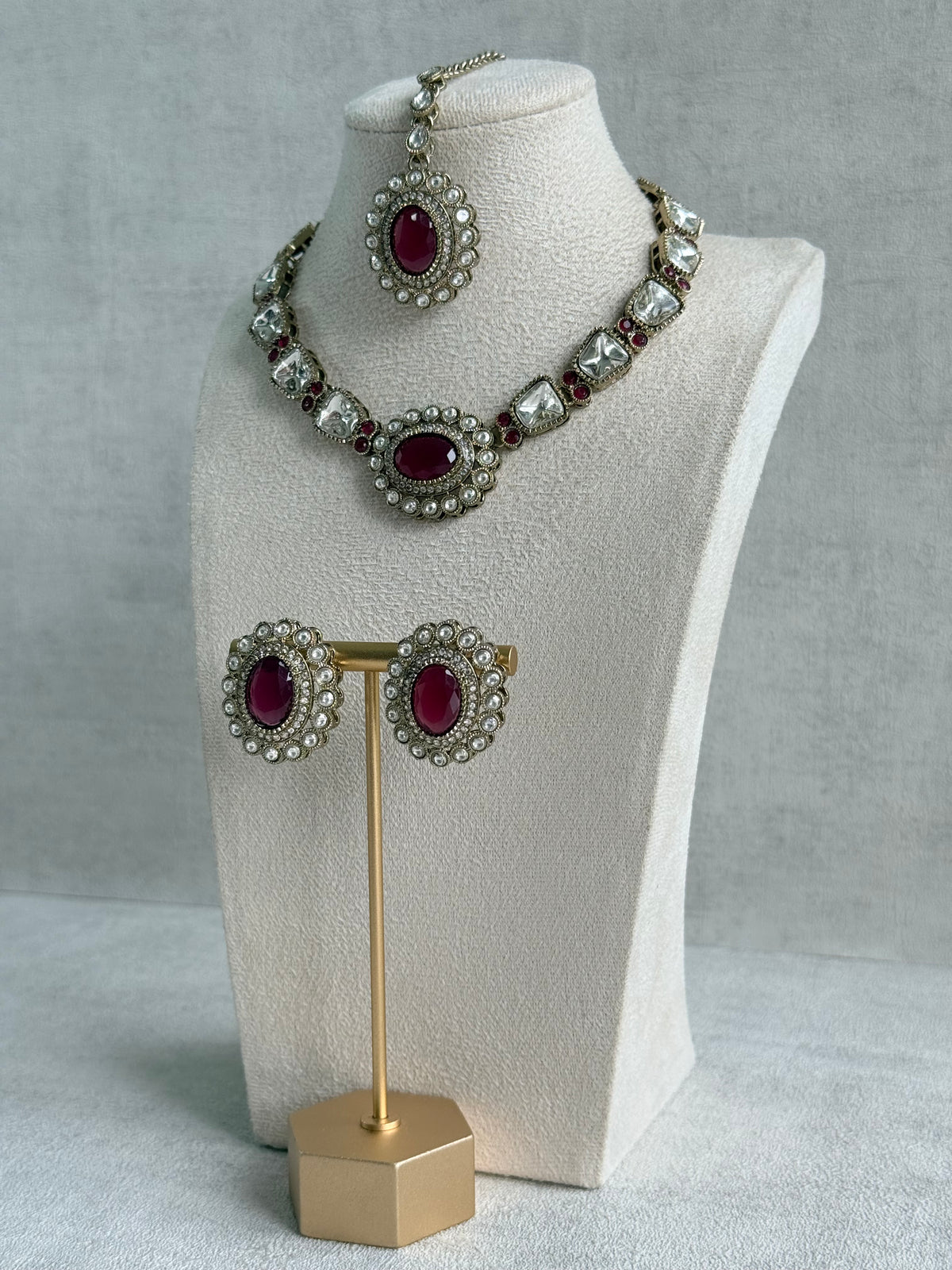 Ayura Designs Inza Necklace Set – Rani Pink Stones, Kundan & Crystals with Antique Gold Finish