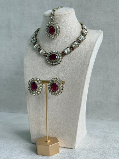 Ayura Designs Inza Necklace Set – Rani Pink Stones, Kundan & Crystals with Antique Gold Finish