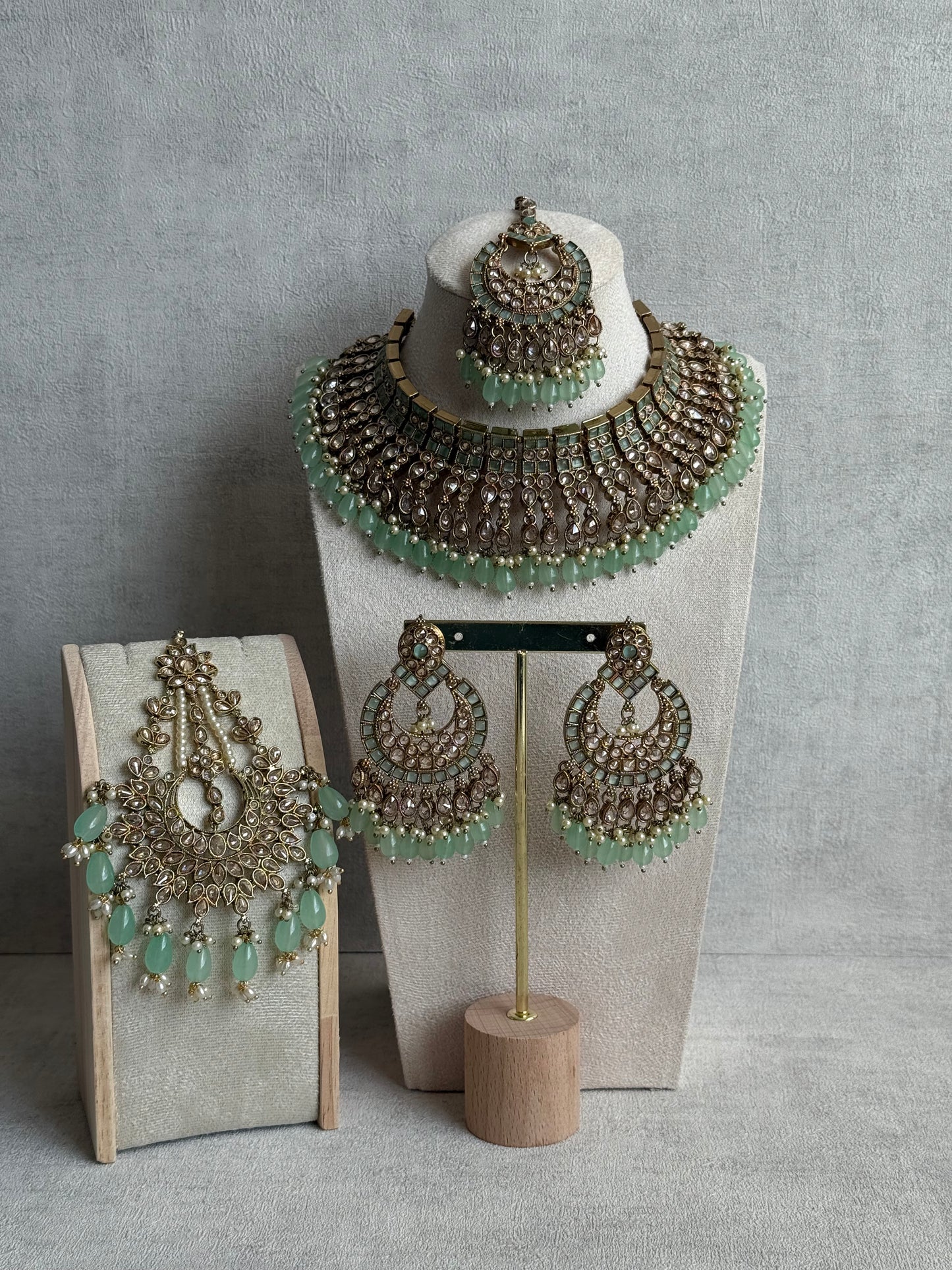 Ayura Designs Sajda Bridal Set with Necklace, Earrings, Tikka & Passa – Pistachio Green Beads, Kundan & Mirror-Cut Detailing