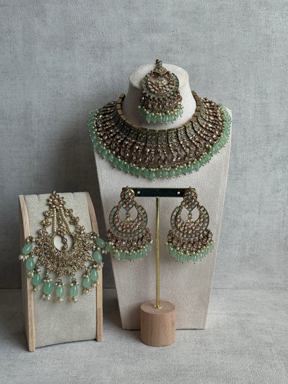 Ayura Designs Sajda Bridal Set with Necklace, Earrings, Tikka & Passa – Pistachio Green Beads, Kundan & Mirror-Cut Detailing