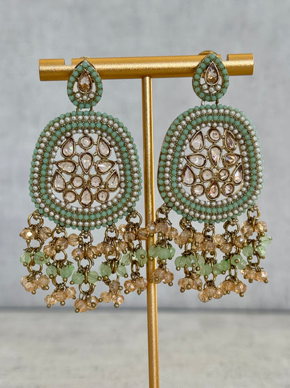 Ayura Designs Geela Earrings – Mint Green & Champagne Kundan Statement Earrings