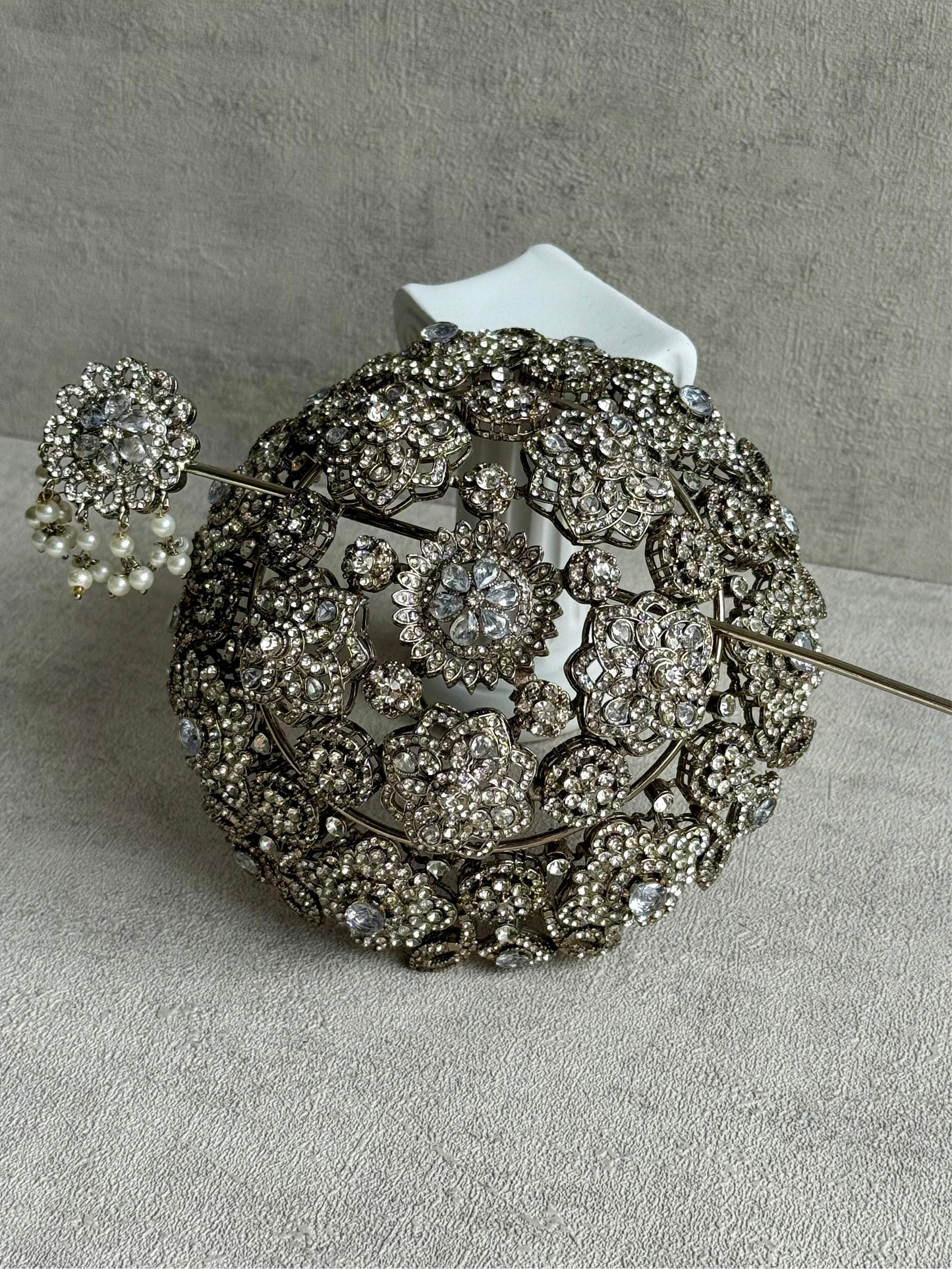 Ayura Designs Lotus Hair Bun Cover – Antique Gold with Champagne Stones & Floral Detailing