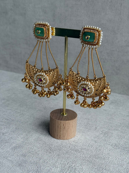 Ayura Designs Jheel Earrings – Pistachio Half-Moon Drops with Pearl Edging & Golden Ghungroos