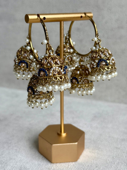 Ayura Designs Nakhra Balis – Blue Triple Dome Earrings with Pearl Clusters & Mirror-Cut Detailing